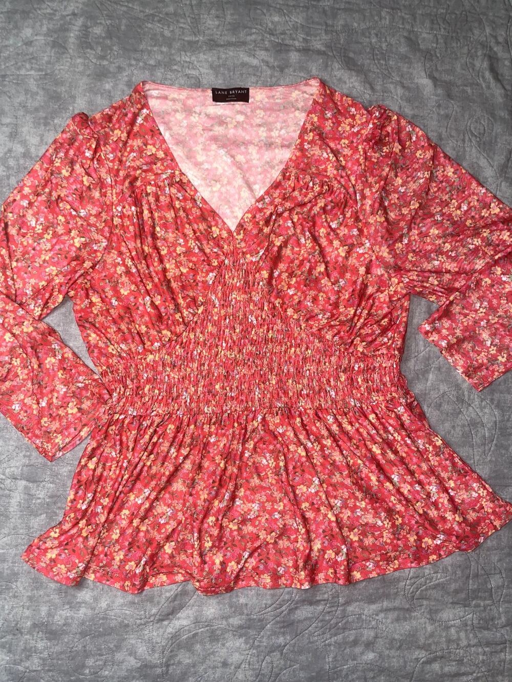 Lane Bryant Red Pink Floral Mesh Smocked Peplum Blouse Size 14/16
